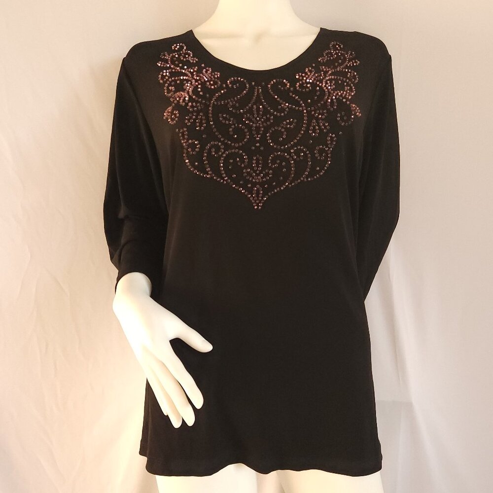 Susan Graver Black 3/4 Sleeve Tee with Embellished Design Size XL